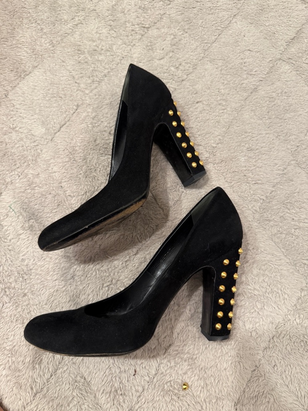 Gucci Black Suede Pumps with Gold Studded Block Heel - Picture 7 of 8